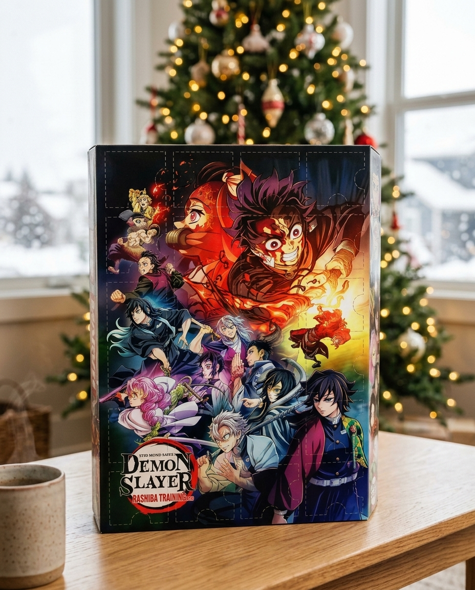Demon Slayer advent calendar, doors closed, on a table by the tree