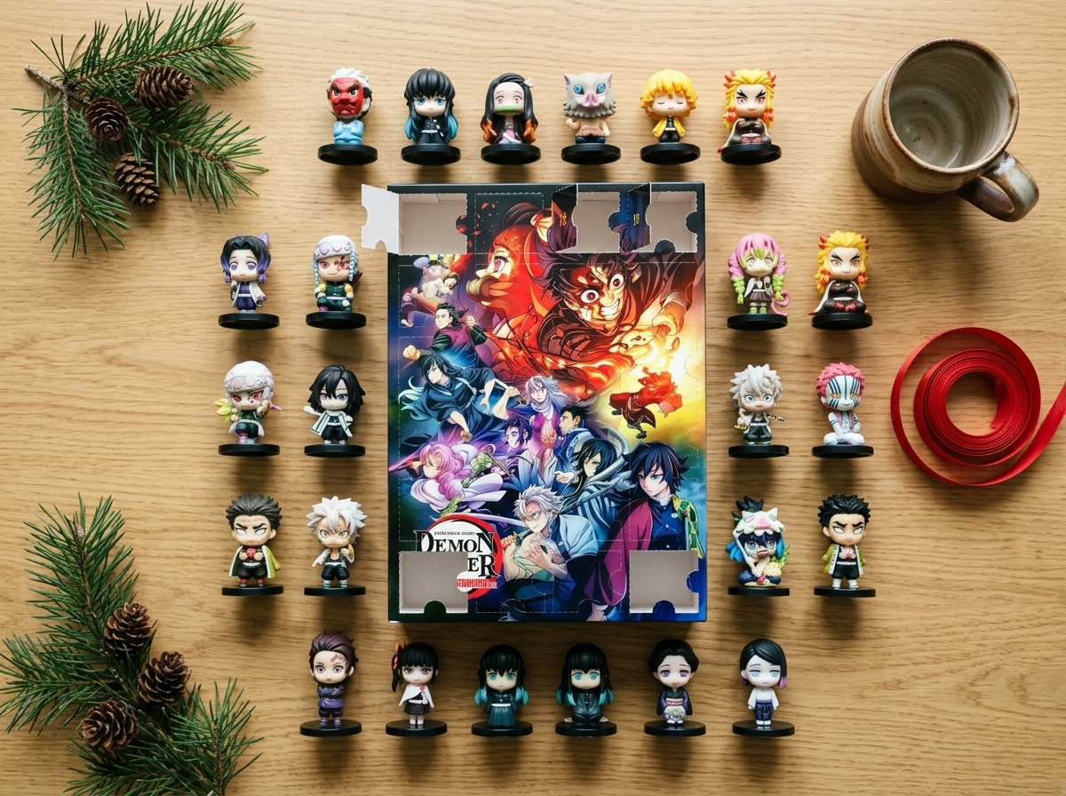 All 24 chibi figures laid out around the open box